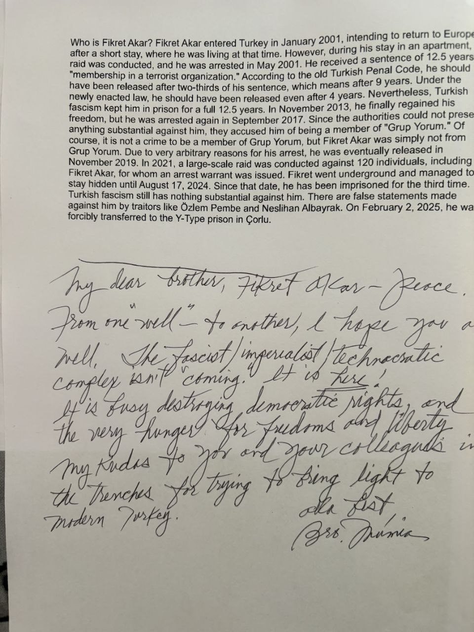 Letter from Mumia Abu Jamal to Fikret Akar